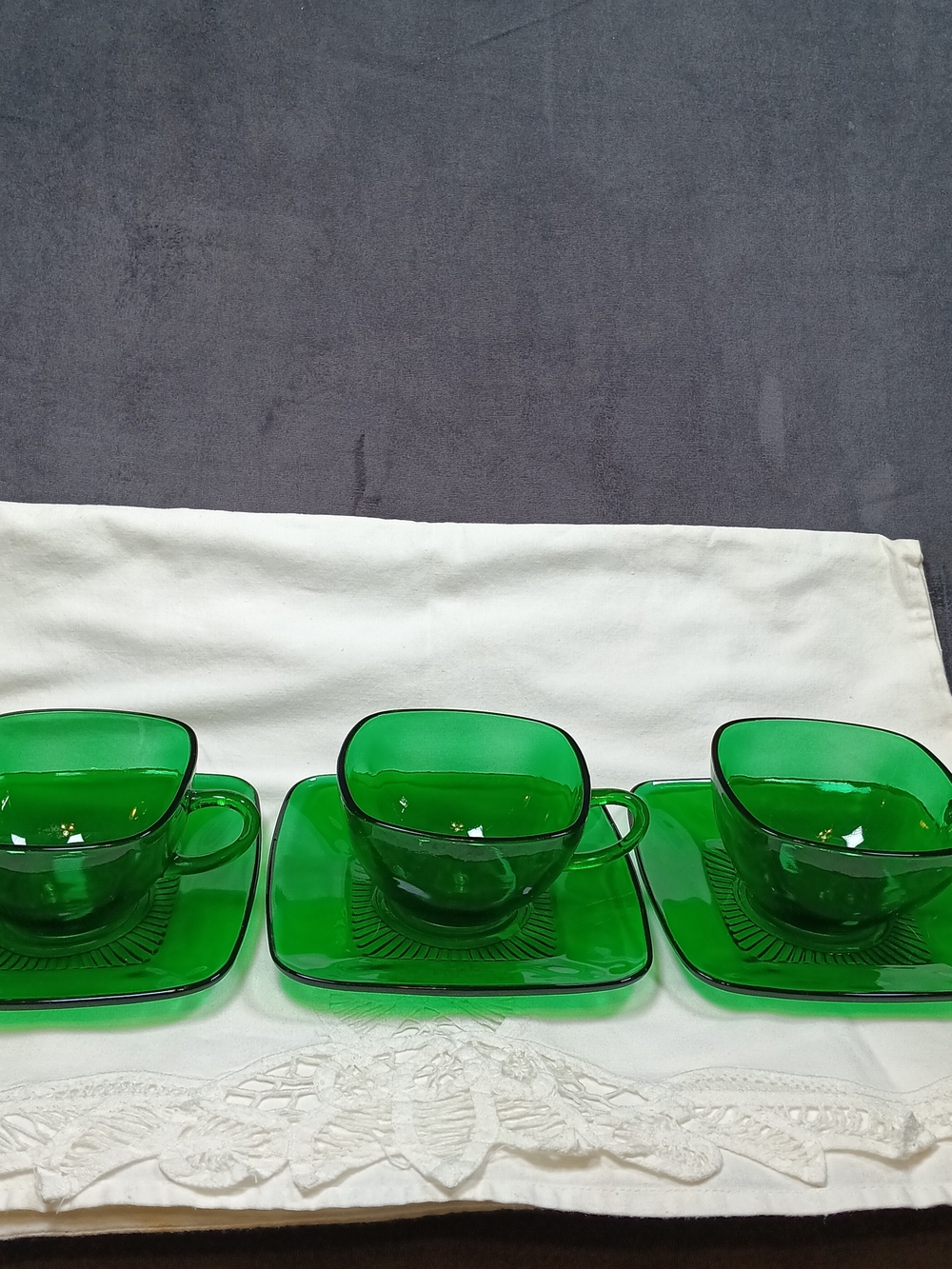 Fire King Charm Set of Three Emerald Green Glass Teacup and Saucer Sets Vintage